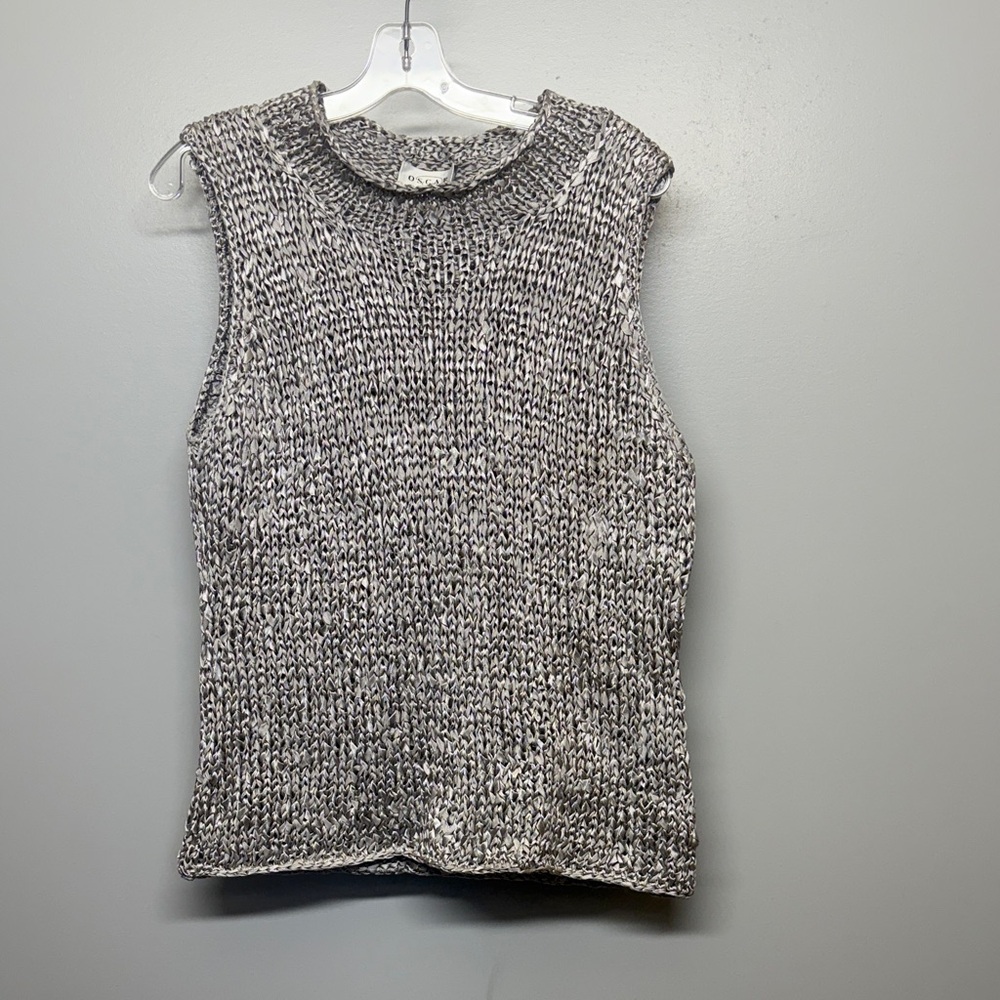 Oscar de la Renta Ribbon Knit Sleeveless Silver Top